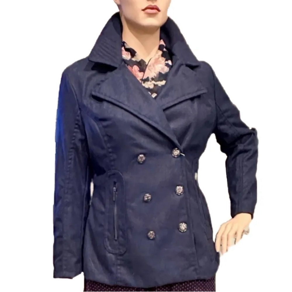 Yoki Double Breasted Pea Coat Size 1X Navy Blue, Lined, Pockets Wool Blend, NWT